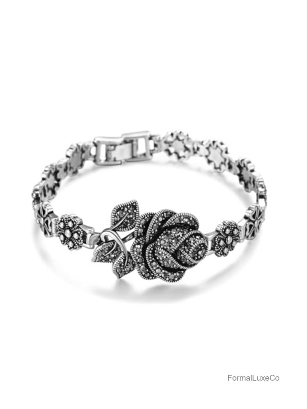 Vintage Rose Marcasite Bracelet, Black Crystal Link Bangle, Boho Victorian